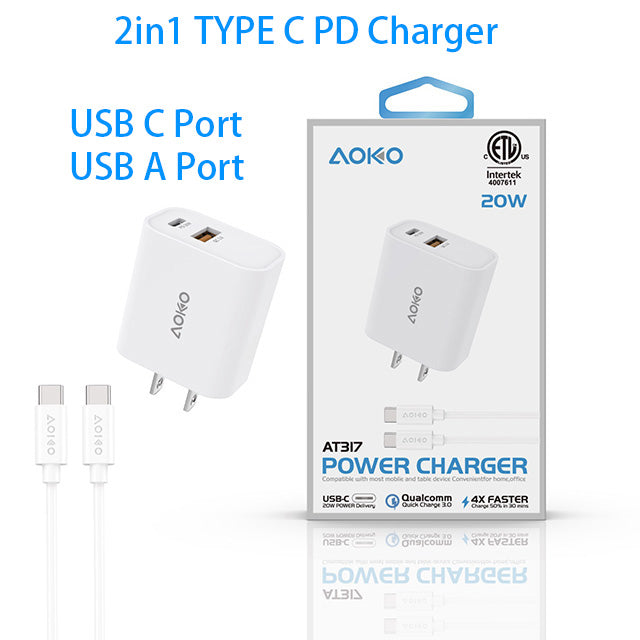 ETL Certified 20W TYPE C 2in1 PD 2 Port Charger