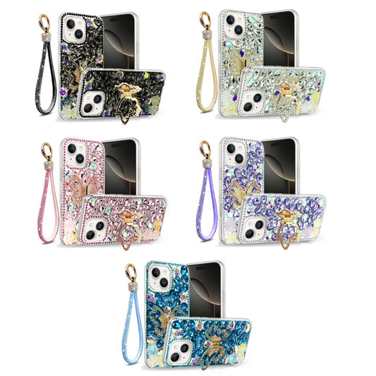 Golden Butterfly Stand Diamond Case for iPhone 15 Plus