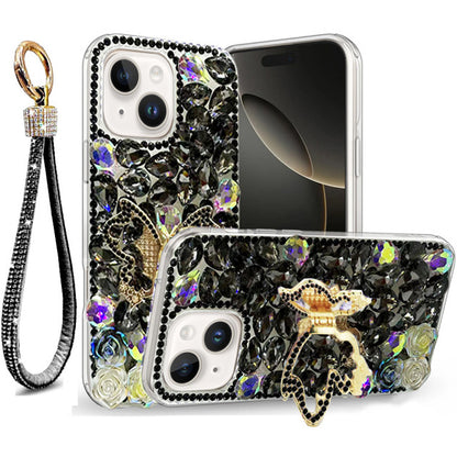 Golden Butterfly Stand Diamond Case for iPhone 15 Plus