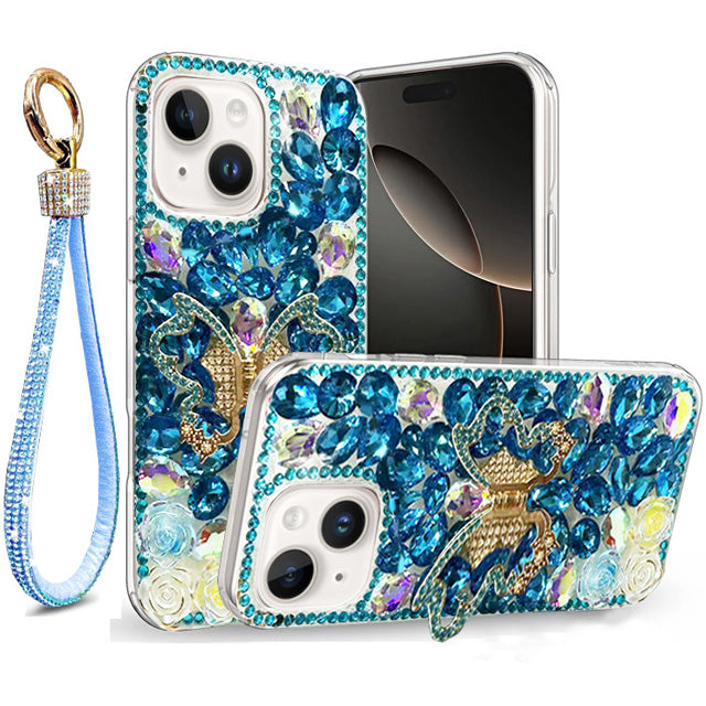 Golden Butterfly Stand Diamond Case for iPhone 15 Plus