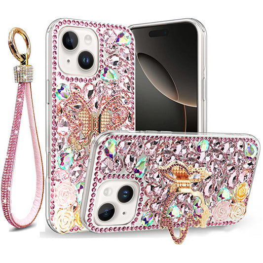 Golden Butterfly Stand Diamond Case for iPhone 15 Plus