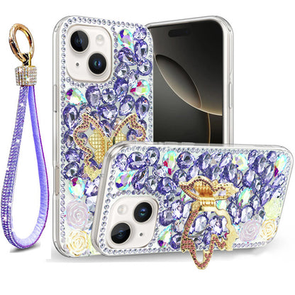 Golden Butterfly Stand Diamond Case for iPhone 15 Plus