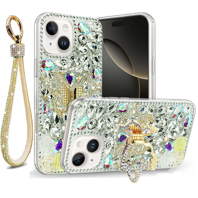 Golden Butterfly Stand Diamond Case for iPhone 15 Plus