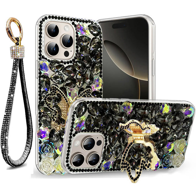 Golden Butterfly Stand Diamond Case for iPhone 16 Pro