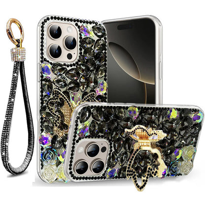 Golden Butterfly Stand Diamond Case for iPhone 16 Pro
