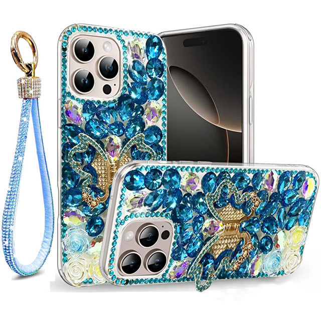 Golden Butterfly Stand Diamond Case for iPhone 16 Pro