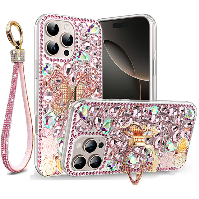 Golden Butterfly Stand Diamond Case for iPhone 16 Pro