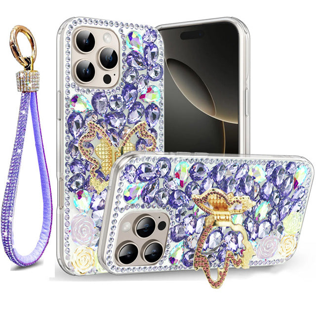 Golden Butterfly Stand Diamond Case for iPhone 16 Pro