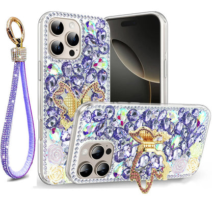 Golden Butterfly Stand Diamond Case for iPhone 16 Pro