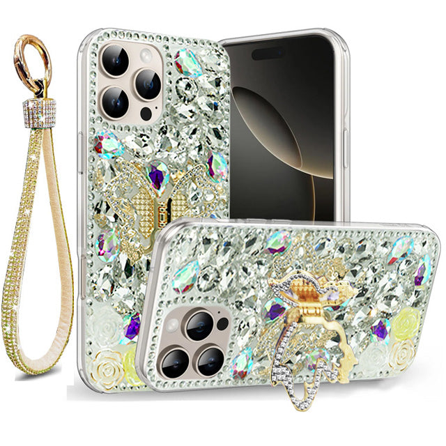 Golden Butterfly Stand Diamond Case for iPhone 16 Pro