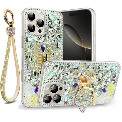 Golden Butterfly Stand Diamond Case for iPhone 16 Pro