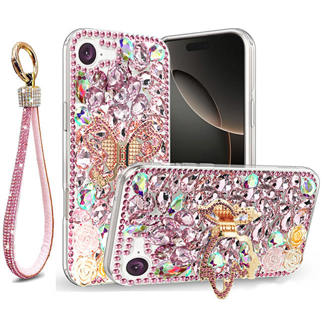 Golden Butterfly Stand Diamond Case for iPhone 16e