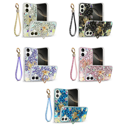 Golden Butterfly Stand Diamond Case for iPhone 17