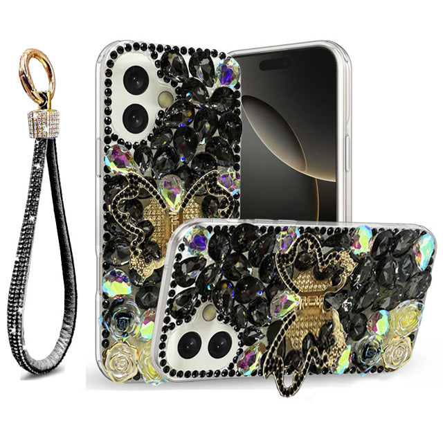 Golden Butterfly Stand Diamond Case for iPhone 17