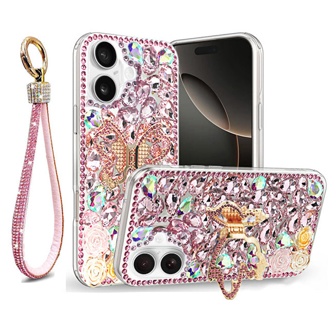Golden Butterfly Stand Diamond Case for iPhone 17