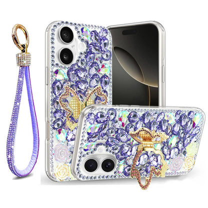 Golden Butterfly Stand Diamond Case for iPhone 16 Plus