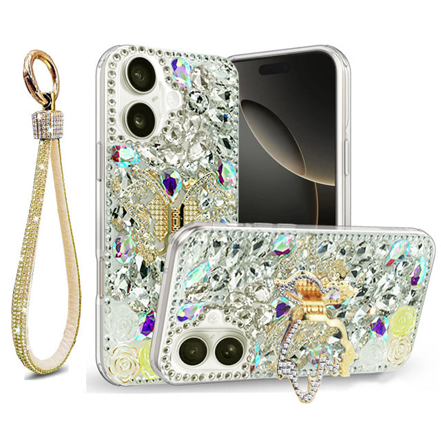 Golden Butterfly Stand Diamond Case for iPhone 17