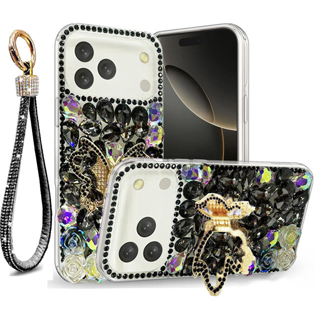 Golden Butterfly Stand Diamond Case for iPhone 17 Pro Max