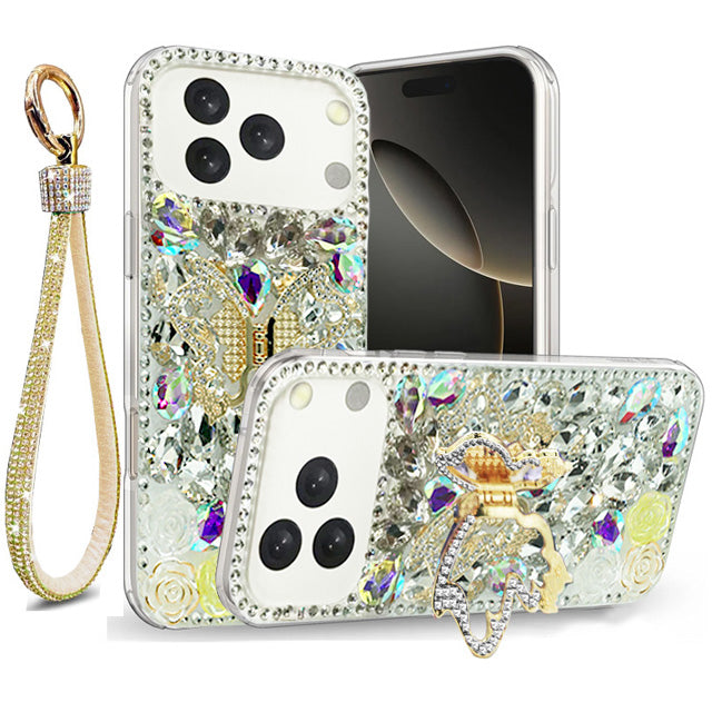 Golden Butterfly Stand Diamond Case for iPhone 17 Pro
