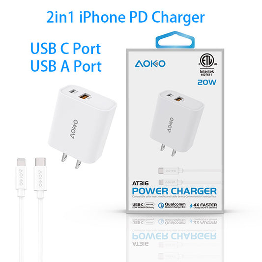 ETL Certified 20W iPhone 2in1 PD 2 Port Charger