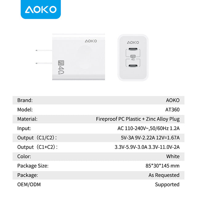 40W Dual USB C Ports PD Adapter