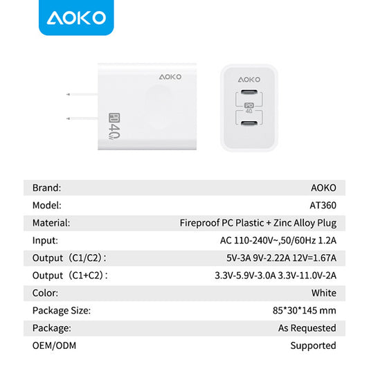 40W Dual USB C Ports PD Adapter
